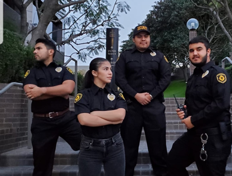 A group of security guards stand at an entrance.